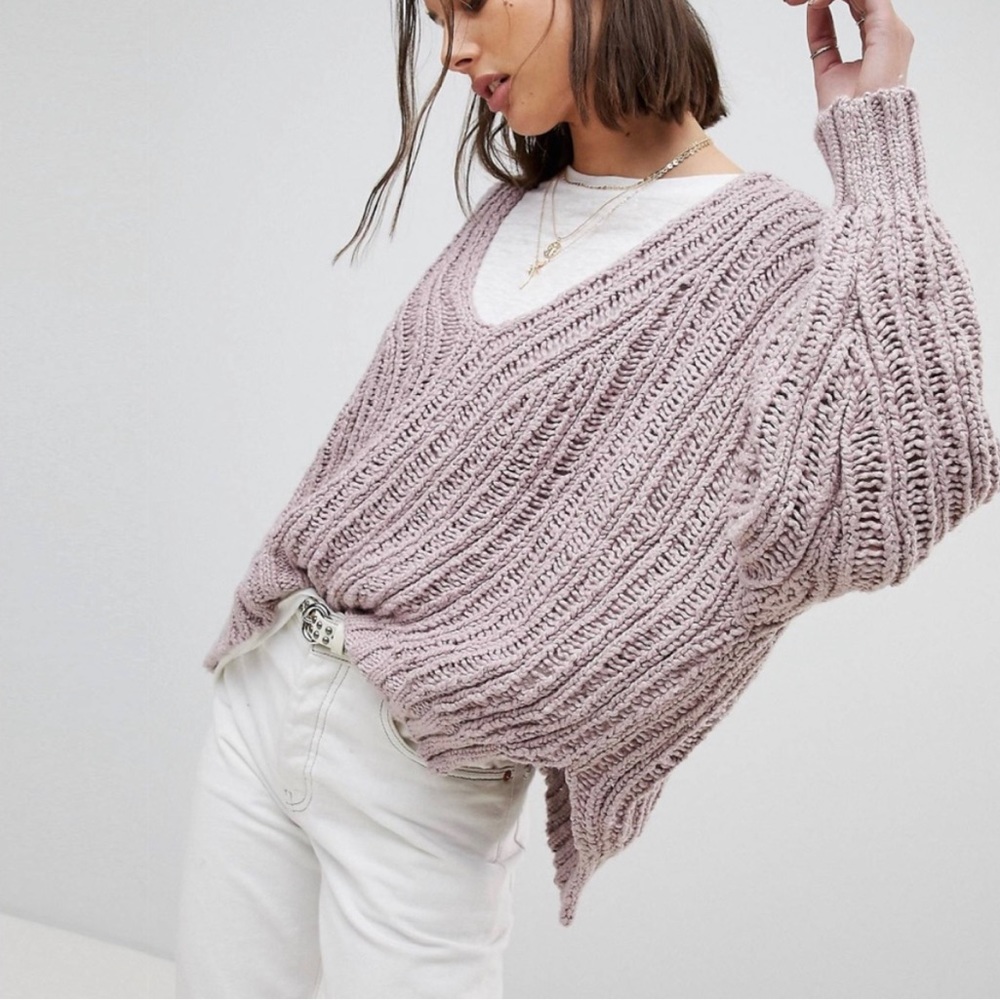 Free People Infinite V Neck Oversized Chunky Knit Dusty Mauve Sweater Sz XS